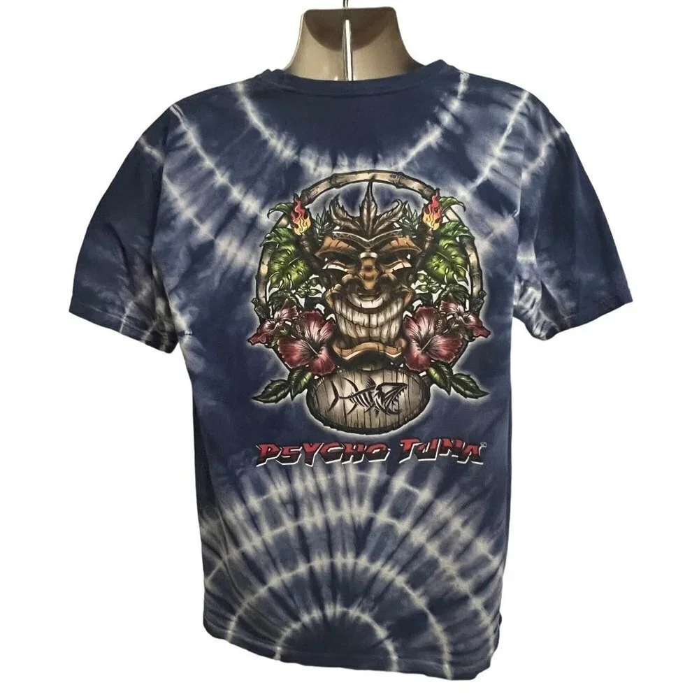 Psycho Tuna Mens Blue Floral Tie Dye Graphic Tiki T-Shirt Large All Over Print - Picture 1 of 6
